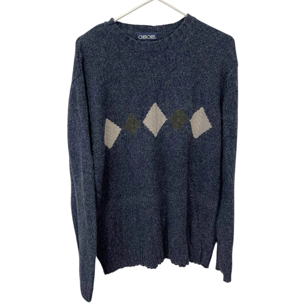 Vintage Cherokee XL Blue‎ Sweater Argyle Ramie Wool Blend Knit Old School 90's